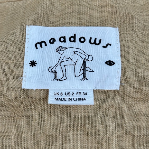 Meadows Tree, Bird, and Flower Embroidered Willow Linen Dress in Brown Size 2 - Picture 13 of 15